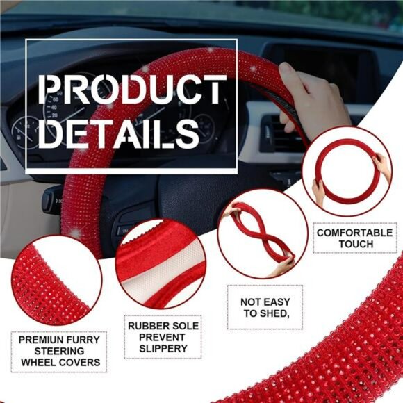 Red Rhinestone Crystal Steering Wheel Covers Diamond Bling Car Accessories Gift - Picture 5 of 6